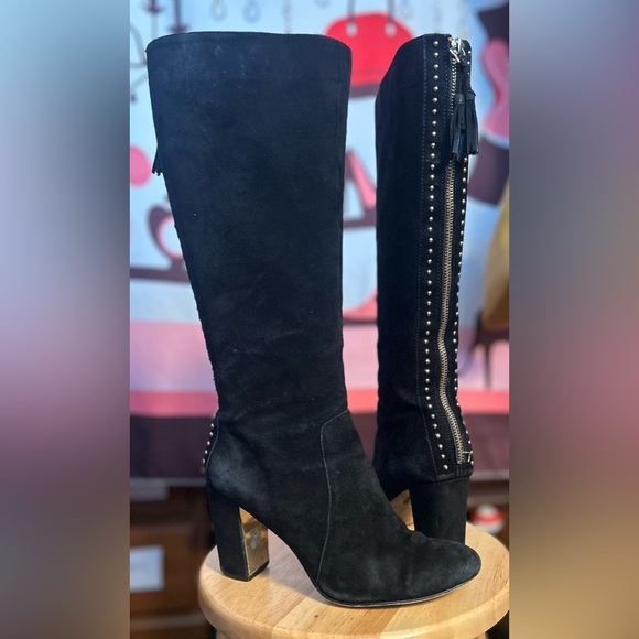 Anne Klein Not Me GORGEOUS Black Suede Full Zip Heeled Knee Boots Sz 7.5​​ - Picture 2 of 7
